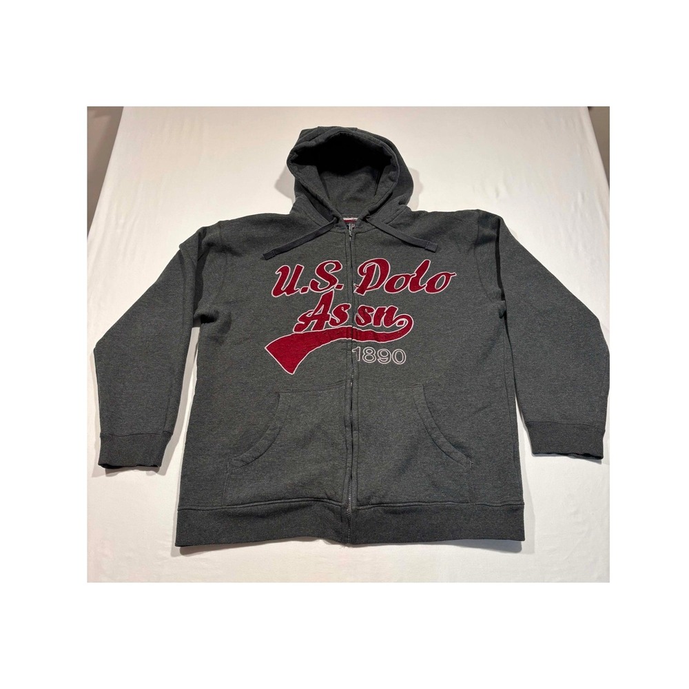 US Polo Assn Mens Full Zip Hoodie Charcoal Gray Red Logo Fleece Sweatshirt XL